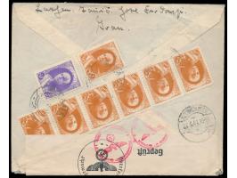 Schah Resa Pahlewi 5 D. und 7 x 60 D. (1938) rückseitig auf Einschreibbrief mit Stempel Tauris 8.5.41 und  R-Zettel Tauris  n