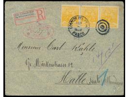 3 x 10 C. Pizarro (1896) auf Einschreibbrief mit Stempel  Pasco  4.4.1899 nach Deutschland, roter Ovalstempel  Certificado Pa