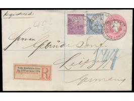 Cape of Good Hope,  Ganzsachenumschlag 1 d. mit Zusatzfrankatur 2 1/2 d. und 3 d. als  Einschreiben  nach Deutschland, Stempe