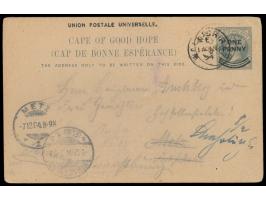 Cape of Good Hope,  Ganzsache One penny auf Three Half Pence mit rückseitigem  Bildzudruck Walfishbay:  Mertens &amp; Sichel´