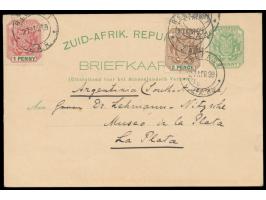 Transvaal,  zwei Z.A.R.-Ganzsachen 1/2 P. und 1 P. mit Zusatzfrankatur  nach Argentinien,  Stempel  Belfast Z.A.R.  22.4.99 b