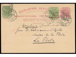 Transvaal,  zwei Z.A.R.-Ganzsachen 1/2 P. und 1 P. mit Zusatzfrankatur  nach Argentinien,  Stempel  Belfast Z.A.R.  22.4.99 b