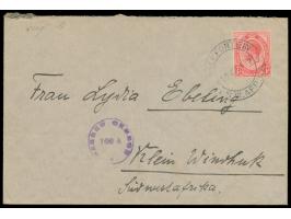 seltener violetter Gummistempel &nbsp;Klein Windhuk &nbsp;16. Jul. 1918 als Ankunftstempel auf Brief mit Südafrika 1 d. und S
