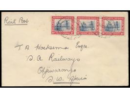 waagerechter Dreierstreifen 1 d. (einige Zahnspitzen mit Stockpunkten) auf Brief "Rail Post" von Omaruru nach Otjiwarongo, 2 