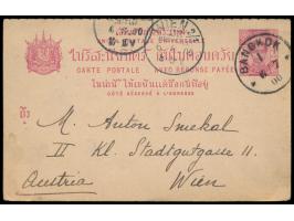 Ganzsachen-Doppelkarte 4 Atts + 4 Atts (Higgins &amp; Gage No. 4), Stempel  Bangkok 1  6.7.00, nach Österreich, Ankunftstempe