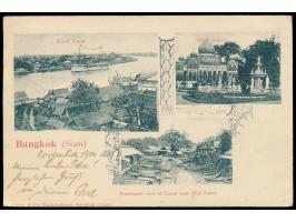 2x 2 Atts auf Ansichtskarte mit 3 Teilbildern von Bangkok: Royal Yacht, Royal Garden und Canal, Stempel Bangkok 2  6.11.00, n