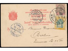 Mischfrankatur 4 Atts (Ausgabe 1899) und 1 Att (Ausgabe 1905) auf Ansichtskarte "Wild elephants crossing river Menam ad Ajuth