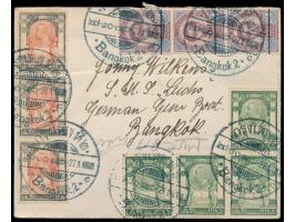 4 x 3 A. und 3 x 4 A. (Ausgabe 1905) mit 3 x 1 A. auf 24 A. (1907) mit Stempel  Bangkok 2  27.1.08 an  S.M.S. Luchs  in Bangk