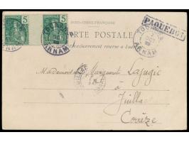 Indochina,  Zwischensteg-Paar 5 C. auf Ansichtskarte nach Frankreich, Stempel  Tourane / Annam  7.10.05 und R1  Paquebot,  An