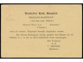 Ganzsache 3 Satang auf 1 1/2 Atts. (Ausgabe 1909) mit rückseitig  Zudruck  Deutscher Club Bangkok - Einladung zum  Billiard-H