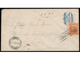 Ganzsachenumschlag 10 C. mit Zusatzfrankatur 7 C. orange (1888) vorderseitig und 1 C. grün (1888) rückseitig als  Einschreibe