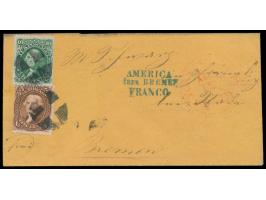 Ausgabe 1861 /1867: 5 C. und 10 C. ohne Waffeleinpressung (letztere rechts geschnitten) auf Briefumschlag von New York nach K