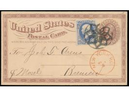 Ganzsache 1 C. braun (1873) mit rückseitigem Textzudruck und Zusatzfrankatur 1 C. Franklin   (rechts ungezähnt) nach Deutschl