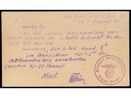 Ganzsache 1 C. mit rückseitig hektografierter Einladung und rotem Dienstsiegel  Nationalsozial. Deutsche Arbeiterpartei / Ort