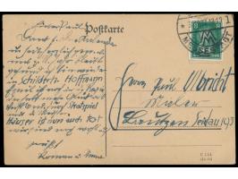 Leipzig,  Postkarte mit Tinten- und Tuschezeichnung einer Parkszene, mehrfarbig, monogrammiert "RBI" (?), Frankatur 8 Pf., St