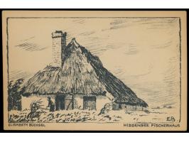 Rügen,  8 verschiedene Postkarten mit Bildern von Vitte, Hiddensee, Neuendorf usw., Schwarz-Zeichnungen signiert von  Elisabe