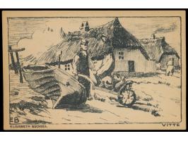 Rügen,  8 verschiedene Postkarten mit Bildern von Vitte, Hiddensee, Neuendorf usw., Schwarz-Zeichnungen signiert von  Elisabe