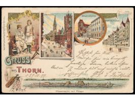 Thorn,  Westpreußen, Litho-Ansichtskarte mit fünf Teilbildern, u.a.  Flösser auf der Weichsel,  Frankatur 5 Pfg. Krone/Adler,