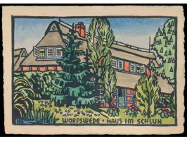 Worpswede - Haus am Schluh  (Wohnhaus von Heinrich Vogeler), Holzschnitt von  H. Bogenrieder,  Signatur "HB", mehrfarbig aqua