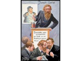 Ansichtskarte aus der Serie von Politiker-Karikaturen von Arthur Thiele:  "Deutsch-Social - Deutsche wählt antisemitisch, ...