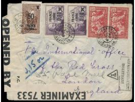 Madagaskar, &nbsp;2x 90 C. Zebu und 3x Freimarken France Libre &nbsp;an das Rote Kreuz in London, Luftpostbrief Fandriana 24.