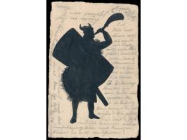 Postkarte mit schwarzer  Tuschezeichnung  in Form eines Scherenschnitts eines Germanen oder Wikingers. Frankatur 5 Pf., Stemp