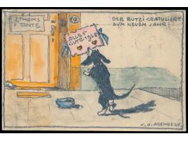 Arends, Karl Oskar  (deutscher Landschaftsmaler 1863 - 1932), handgemalte Ansichtskarte (Kreide und Tusche) als  Neujahrsgruß