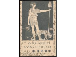 München, Künstlerfest in Arkadien 1898,  sign. Franz Stuck,  violetter Nebenstempel 15.Februar 1898 Arkadien, mit 5 Pfg. Wapp