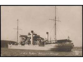 Foto - Ansichtskarte  SMS Vulkan Unterseeboot Hebeschiff,  Stempel Lehe 28.8.14, als Feldpost nach Delligsen. Bedarf. SMS Vul