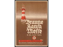 Braune Hansa Messe  9.-24. Juni 1934 Bremen (Leuchtturm Roter Sand), mehrfarbige Propagandakarte mit anlassbezogenem  Absende