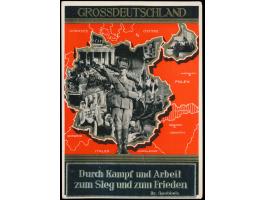 Propagandakarte "Grossdeutschland", Landkarte mit Fotomontage, unterer Text mit Goebbels-Spruch überklebt, frankiert mit 12 P