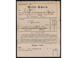 Reiseschein  zum Eilwagen von  Nürnberg  nach Regensburg am 5. Dezember 1843, mit anhängendem  Gepäckzettel  (üblicherweise a