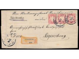 waagerechter Dreierstreifen 10 Pf. auf Behörden-Faltbrief (Hülle) als Einschreiben nach Regensburg, Stempel  Straubing  3.8.9