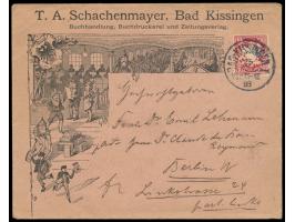 zwei Reklameumschläge  "T. A. Schachenmayer, Bad Kissingen, Buchhandlung, Buchdruckerei und Zeitungsverlag" mit bildlichen Da