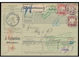 10, 50 und 80 Pfg. Wappen auf kompletter Auslands-Paketkarte der Firma J. Lehmann, Marken mit &nbsp;Firmenlochung &quot;I.L.&