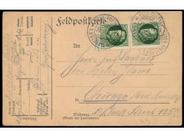Feldpostkarte unfrankiert mit Stempel Feld-Postamt K. B. Reserve-Korps nach USA, zurück zur Frankierung, 2 x  Bayern 5 Pf.  n