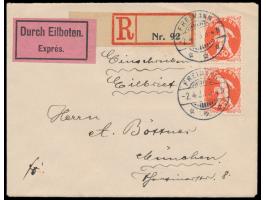 Mehrfachfrankatur 2x 50 Pfg. Abschiedsausgabe auf  Eilboten-Einschreibbrief  mit Stempel  Freimann  2.4.20 nach München,  Frü