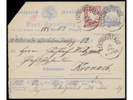 Postanweisung 20 Pfg. Wappen mit Zusatzfrankatur 10 Pfg., Stempel Ludwigstadt 24.7.(79), Ankunftstempel Kronach
Postleitzahl: