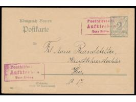 roter Posthilfsstempel  Aufkirchen Taxe Erding als  Entwertung  auf Orts-Ganzsache 2 Pf. (DrV 03), Grußtext, rückseitig klein