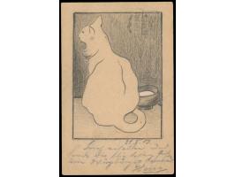 Ganzsache 2 Pf. mit rückseitig großflächiger  Bleistiftzeichnung einer Katze,  Zusatzfrankatur 3 Pf., Stempel Wuerzburg 1 21.