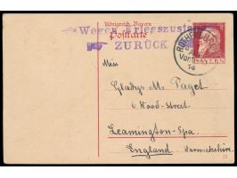Ganzsache 10 Pf. mit Stempel Rothenburg o. T. 1.8.1914 nach England, violetter Setzkasten-L2  Wegen Kriegszustand / ZURÜCK , 