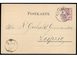 Privatganzsache 5 Pf. Ziffer violett,  Stein bei Nürnberg, A. W. Faber,  Stempel Stein a. Redn. 26.2.83, Ankunftsstempel Leip