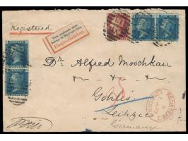 1 d. (Platte 193) und 4 x 2 d. (Platte 14) auf Einschreibbrief mit Stempel NW 13 und Registered London 1.6.77 an Alfred Mosch