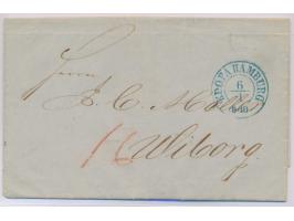 Dänisch. O.P.A.: blauer K2  K.D.O.P.A. Hamburg  6.1.(1852) auf Faltbrief  nach Wiborg / Finnland,  rote Portoziffer "16", mit