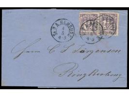 2 x 1 1/4 S. dunkelviolett auf Faltbrief nach Ringkjöbing / Dänemark, Stempel St. P. A. Hamburg 4.5.(1865), rückseitig Briefk
