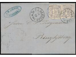 2 x 1 1/4 S. dunkelgraupurpur auf Faltbrief nach Dänemark, Stempel St. P. A. Hamburg 21.10.(1865), rückseitig Briefkastenstem