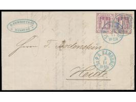 2 x 1 1/4 S. durchstochen (1866) auf Faltbrief mit hellblauem Stempel  St.P.A. Hamburg  3.11.(1866) nach Heide, rückseitig Br