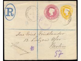 Privat-Ganzsachenumschlag mit zwei Wertstempeln 1 1/2 d. gelb und 3 d. rot (beide mit Datum) als  Einschreiben  nach Deutschl