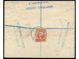 Privat-Ganzsachenumschlag mit zwei Wertstempeln 1 1/2 d. gelb und 3 d. rot (beide mit Datum) als  Einschreiben  nach Deutschl