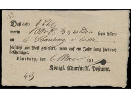 Postschein  "Königl. Kurfürst. Post-Amt"  mit Ortseindruck  Lüneburg,  6. Mai 1814, für eine Geldsendung nach Celle
Postleitz